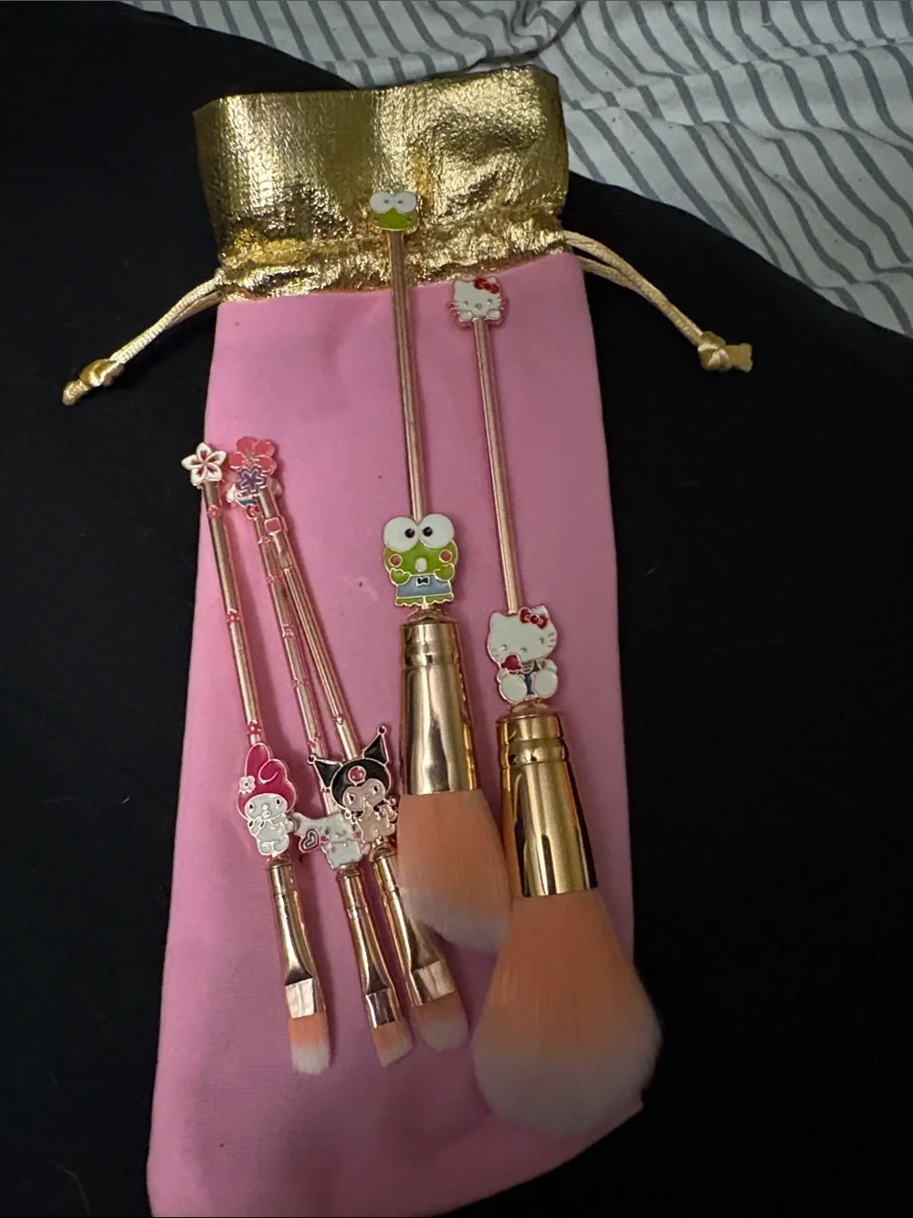 Kids Character Makeup Brush Set with Pink Gold Pouch - Cute Cartoon Handles